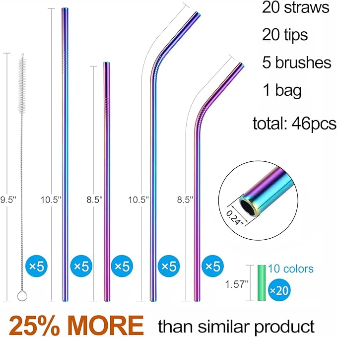20 Pcs Rainbow Color Reusable Stainless Steel Straws,10.5" & 8.5" Reusable Drinking Straws with 20 Silicone Tips 5 Straw Brushes 1 Travel Case,Eco Friendly Extra Long Metal Straw for 20 30 oz Tumbler