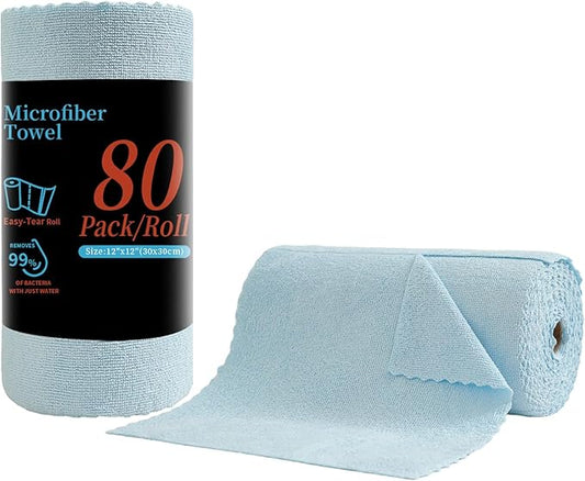 80 Pack Microfiber Cleaning Cloth Roll,Lint Free Rags & Tear Away Reusable Towels Washable Scratch,Ultra Absorbent Dish Rags(12" x 12") for Car Kitchen Home Garage-Blue