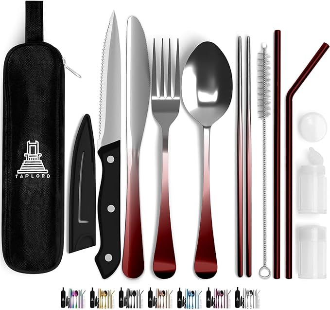 Portable Travel Silverware Set With Case - Includes 10 Pcs of Utensils, Stainless Steel Flatware For Camping, Easy to Travel, Lightweight (Red Two Tune)