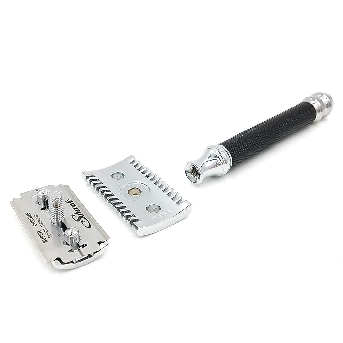 Parker Open Comb Double Edge Safety Razor – Heavyweight Chrome Handle for Closer Shaves – Includes 5 Razor Blades – Ideal for Men with Thick or Coarse Beards (26C - Graphite Gray)