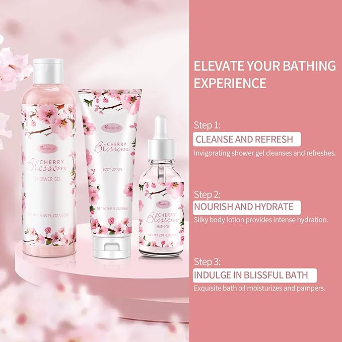 Bath and Body Gift Set for Women - Luxurious Home Spa Gift Set,Japanese Cherry Blossom 7-Piece Set Including Shower Gel,Body Lotion,Bath Oil,Bath Salt,Soap,Bath Bombs and Candle