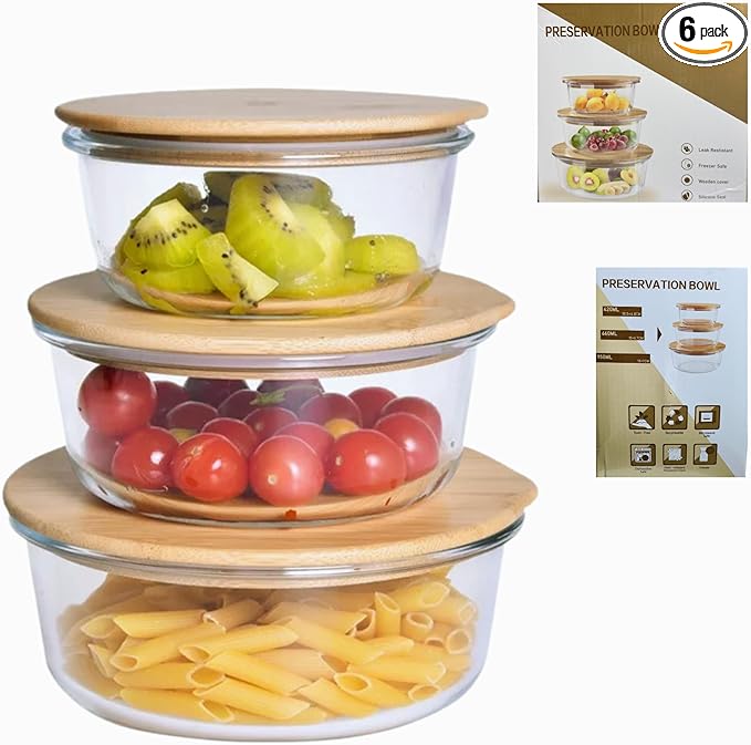 Set of 3 Glass Containers with Bamboo Lids | Airtight, Round, BPA-Free | Reusable Food Storage for Kitchen, Pantry, Meal Prep | Eco-Friendly and Durable (1)