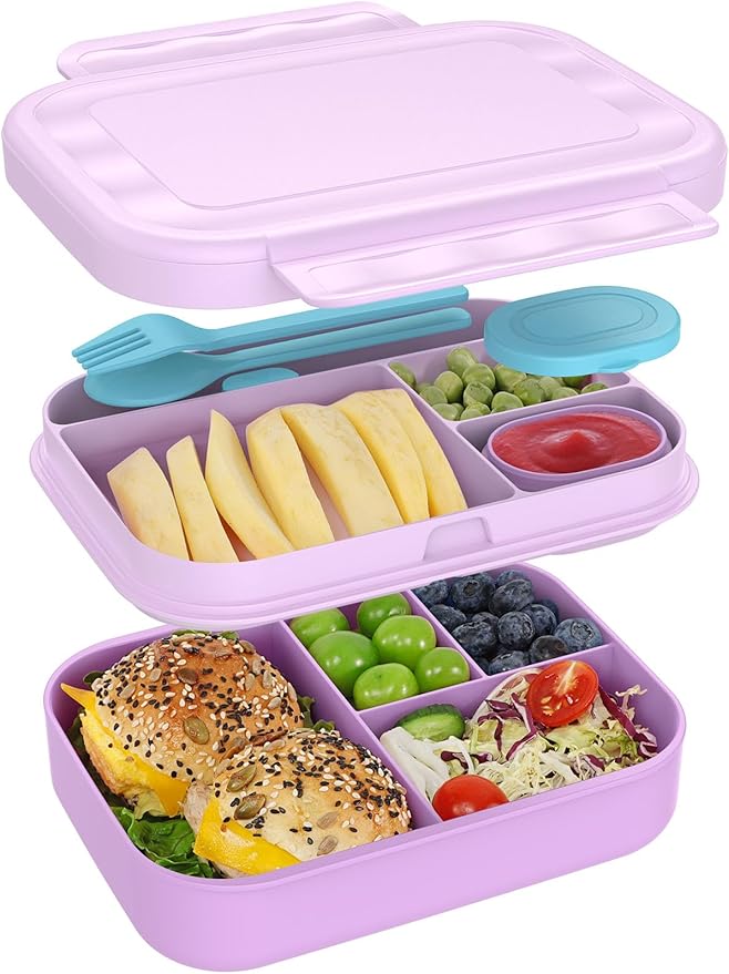 Caperci Bento Box for Kids - Stackable Leakproof Multiple Compartments Lunch Containers for Kids with Sauce Container, 5.8 Cups, Idea for School, On-the-go, Built-in Utensil Set, BPA Free (Purple)