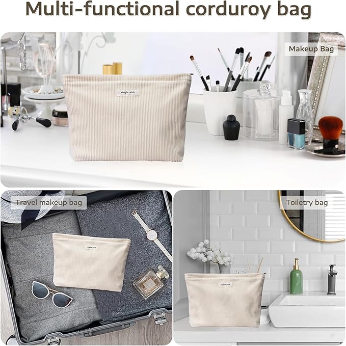 Wudygirl Travel Makeup Bag,Large Capacity Cosmetic Bag for Women,Corduroy Toiletry bag Handbags Purses Zipper pouch(Beige)