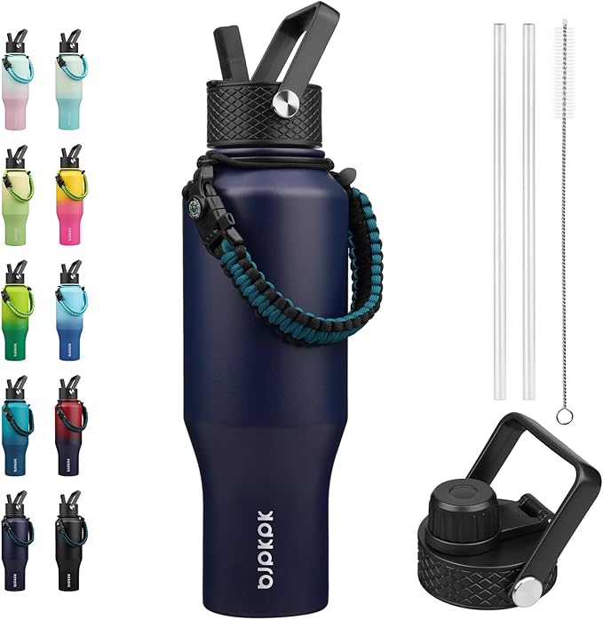 BJPKPK Insulated Water Bottles with Straw Lid, 35oz Metal Water Bottle with 2 lids & Paracord Strap, Double Wall Stainless Steel Vacuum Tumblers, Cups, Mugs, Thermo for Hot& Cold Drinks, Navy Blue