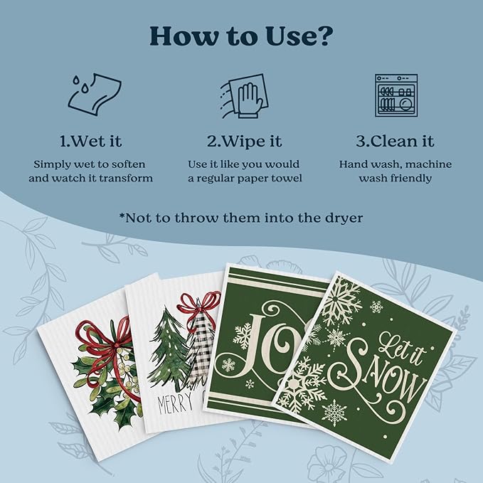 Swedish Dishcloths for Kitchen, Christmas Xmas Tree Green Dish Rags Winter Kitchen Dish Towels for Washing Dishes, 4 Pack Reusable Paper Towels, Sponge Cloths for Home Cleaning Baking Cooking