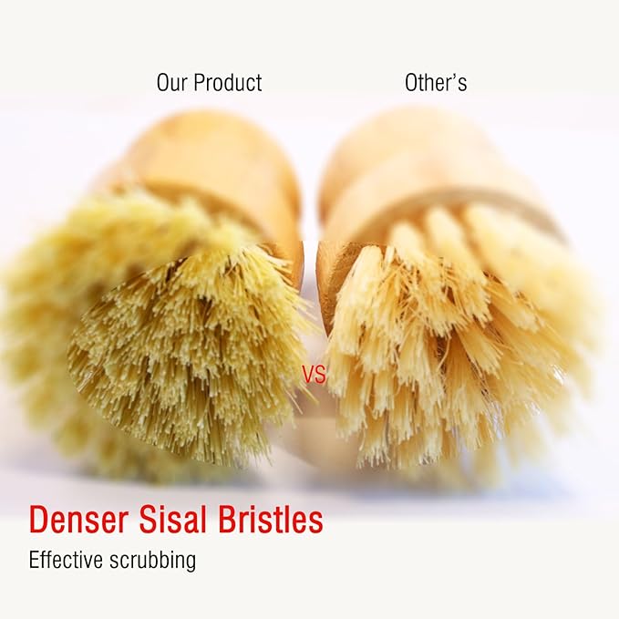 Bamboo Vegetable Brush Set, Natural Bristle Dish Brush with Holder, Eco Friendly Soft Dish Scrubber Kitchen Brush for Dishes