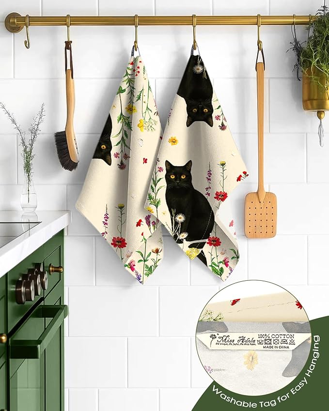 Flour Sack Kitchen Towels Set of 2-18x26 Cotton Dish Towels with Hanging Loop Reusable Tea Towel for Cleaning Spring Absorbent Dishcloths Cute Home Decor Housewarming, Retro Cats Floral