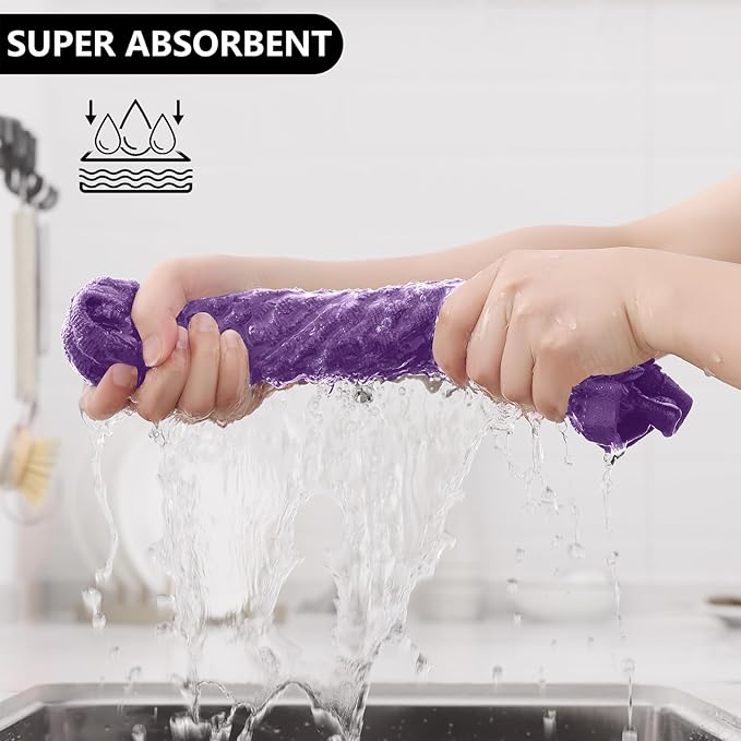 Fintale 100% Cotton Kitchen Towels and Dishcloths Set, 12 x 12 & 15 x 25 Inches, Set of 8 Bulk Super Soft and Absorbent Terry Cloth Dish Towels, Quick Drying Hand Towels with Hanging Loop, Purple