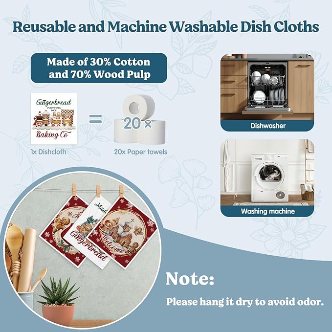 Swedish Dishcloths for Kitchen, Christmas Xmas Gingerbread Red Kitchen Dish Towels for Washing Dishes, 4 Pack Reusable Paper Towels, Sponge Cloths for Winter Home Cleaning Baking Cooking