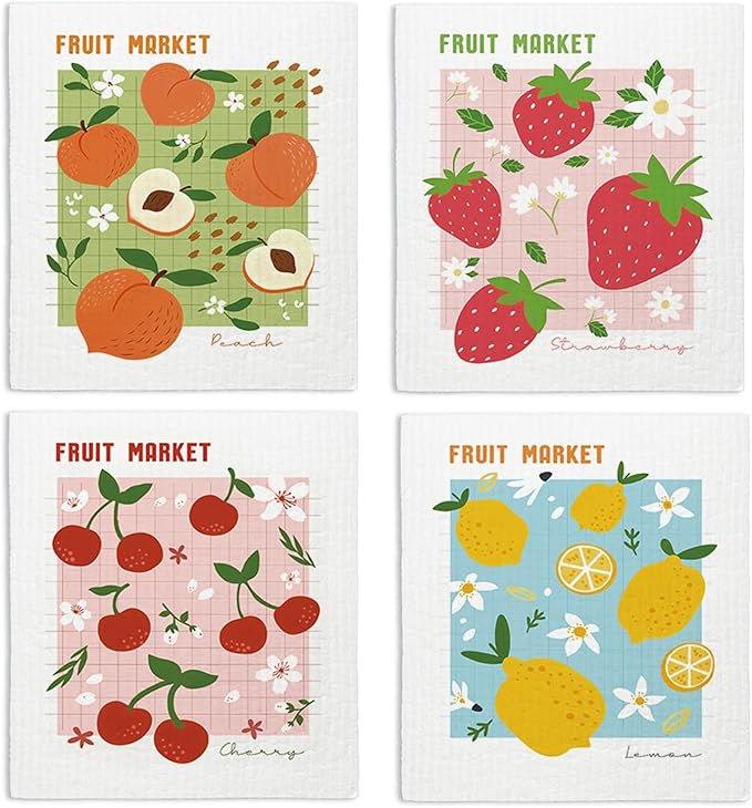 Swedish Dishcloths for Kitchen, Pink Strawberries Peach Cherry Lemon Swedish DishCloths for Friut Market, 4 Pack Dish Towels for Kitchen, Papaya Reusable Paper Towels Washable