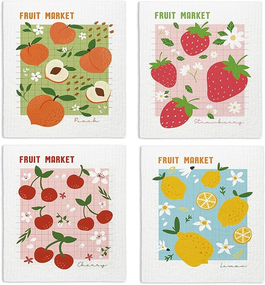 Swedish Dishcloths for Kitchen, Pink Strawberries Peach Cherry Lemon Swedish DishCloths for Friut Market, 4 Pack Dish Towels for Kitchen, Papaya Reusable Paper Towels Washable