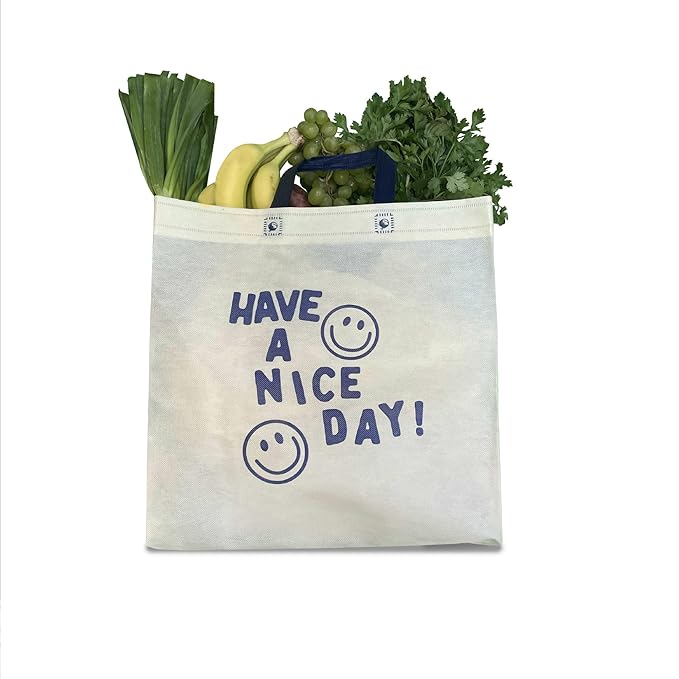 Bagways 50 PACK Reusable Grocery Bags with Handles, Durable, Foldable, Washable Eco-Friendly Shopping Tote Bags Bulk, 14x6.5x14 Inch, Cream/Blue Design