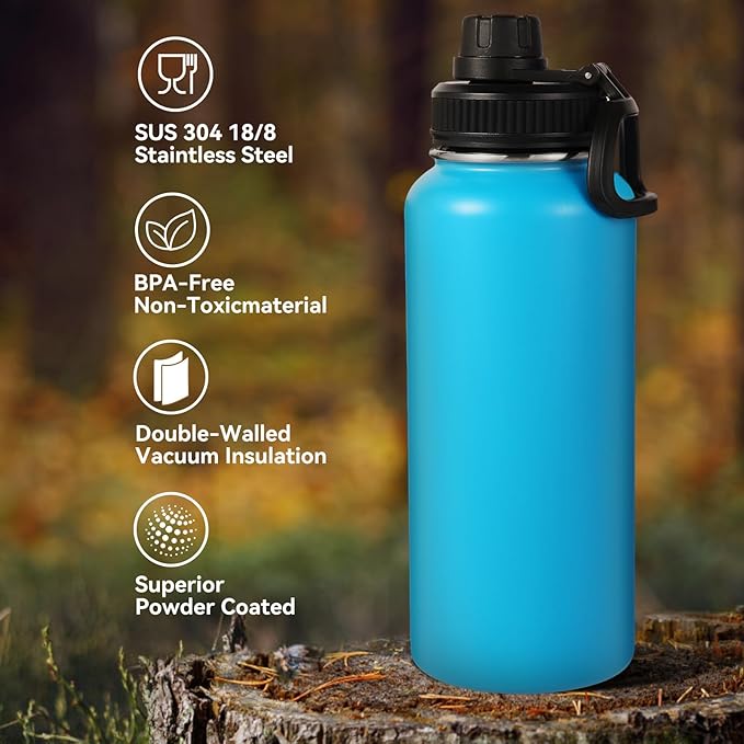 Neihepal 32 oz Insulated Water Bottle with 2 Lids (Straw & Spout Lid), 18/8 Stainless Steel Double Wall Water Bottles for Gym, Travel, Camping, Sports (Bule,1 Pack)