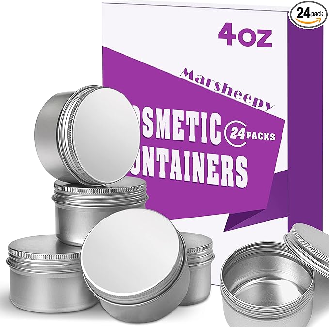 24 Pack 4 oz Aluminum Balm Tins For Pill Storage, Jar Containers with Screw Thread Lid for Lip Balm, Cosmetic, Salve, Aluminum Tin Cans Containers for Candle Making