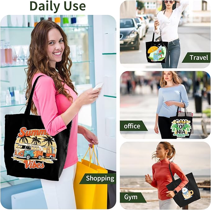 10 Pack Black Canvas Tote Bag with Zipper, OLSUNOR Reusable Grocery Bags with Long Handle, DIY Heat Transfer Sublimation Blanks Shopping Bags for Advertising Birthday Thanksgiving Christmas Craft Bags
