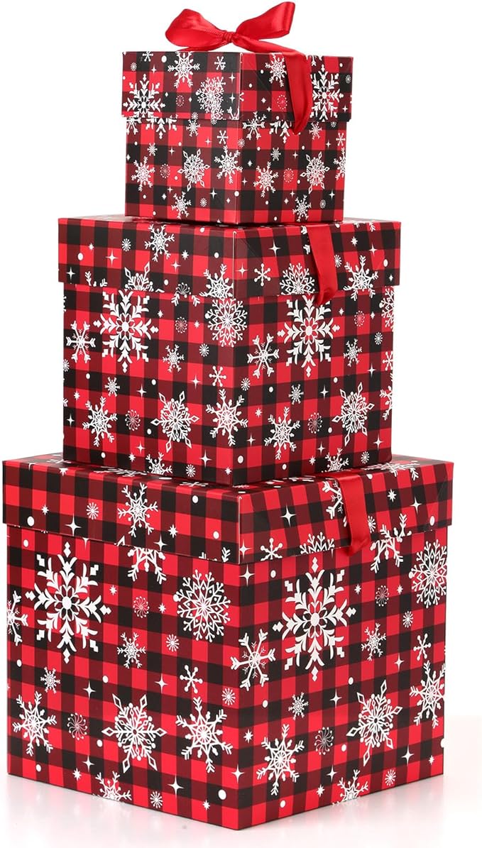 3 Pcs Christmas Nesting Gift Boxes Buffalo Plaid Xmas Stackable Boxes Black Red Decorative Xmas Nested Present Boxes with Lids and Ribbon for New Year Birthday Party Gift(Snowflake)