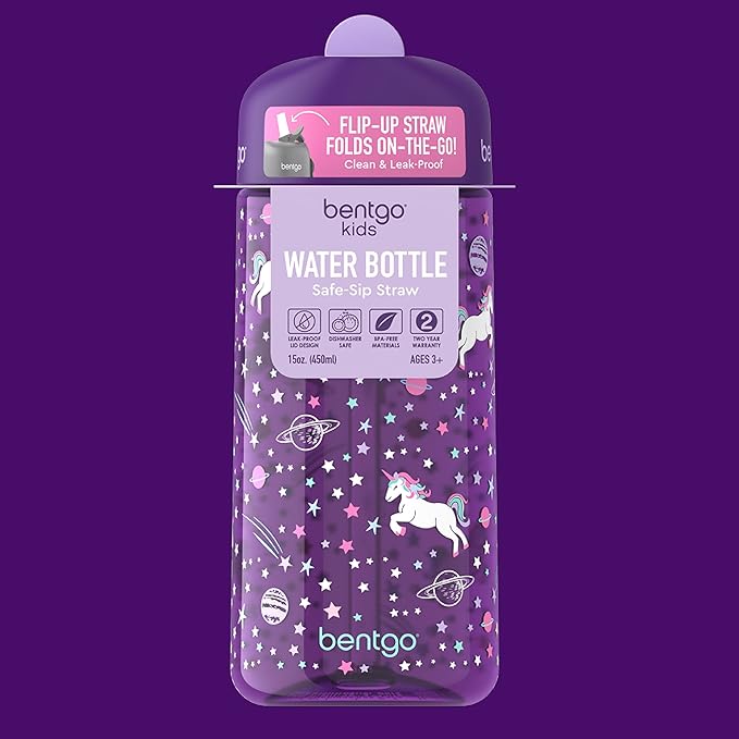 Bentgo Kids Water Bottle - Leak-Proof, Durable Tritan, BPA-Free 15 oz. Cup for Kids/Toddlers Ages 3+, Safe Sip Spout, Carrying Handle, & Dishwasher Safe for School, Sports, Daycare & Camp (Unicorn)