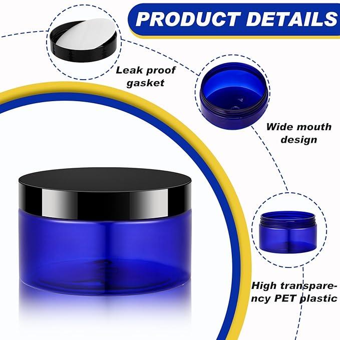 Dandat 24 Pcs 8 oz Plastic Jar Container with Lid and Label Refillable Empty Round Blue with Black PET Cosmetic Sample Containers for Lotion, Cream, Ointments, Body Butter, Makeup, Travel Storage