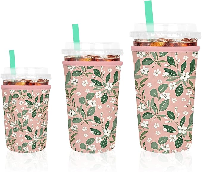 3 Pack Iced Coffee Sleeve, Reusable Insulated Neoprene Cup Sleeve for Cold & Hot Drinks Beverages, Cup Holder for 16-32oz Coffee Cups, Pink Leaves