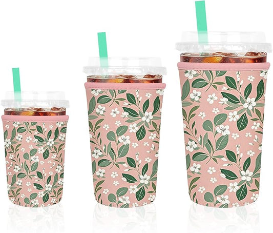 3 Pack Iced Coffee Sleeve, Reusable Insulated Neoprene Cup Sleeve for Cold & Hot Drinks Beverages, Cup Holder for 16-32oz Coffee Cups, Pink Leaves