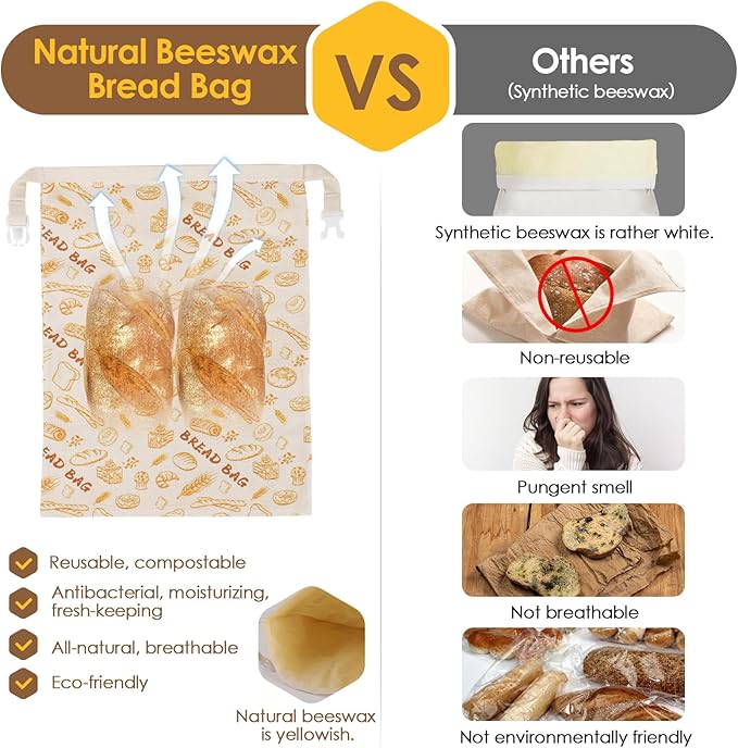 2-Pack Reusable Beeswax Bread Bags - Large 17x13 Inch for Sourdough & Homemade Bread Storage | All-Natural Beeswax Preservation, Eco-Friendly Cotton Food Bags - Easy to Clean & Daily Use