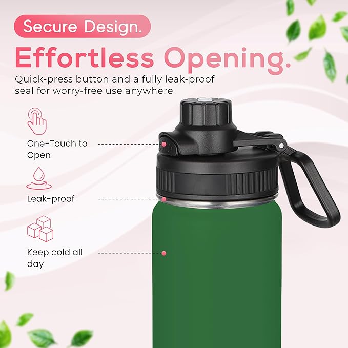 Y TOP 18 oz Insulated Water Bottle Cup Holder Friendly, Leak Proof Spout Lid, Double Wall Insulation, Dishwasher Safe, Easy Clean Stainless Steel Water Bottle for Gym Kids Sports Travel School Hiking