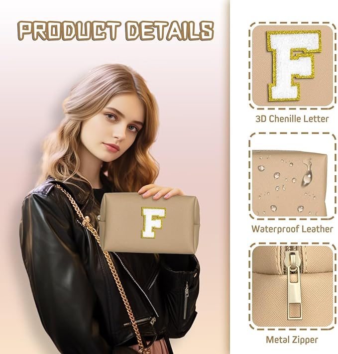 TOPEAST Travel Makeup Bag, Personalized Initial Toiletry Bag w Zipper, Cute Makeup Pouch, PU Leather Waterproof Cosmetic Bag, Birthday Gift for Daughter, Preppy Things for Girls (Khaki G)