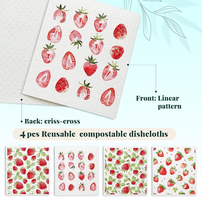 Strawberries Swedish Dishcloths for Kitchen, Pink Swedish Dish Cloths for Friut, Papaya Reusable Paper Towels, 4 Pack Cleaning Cloth for Kitchen, Reusable Paper Towels Washable