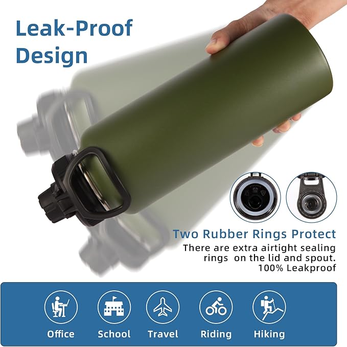Volhoply Insulated Water Bottles Bulk 8 Pack, 40 oz Stainless Steel Sports Bottle with Paracord Handle & Spout, Vacuum Metal Travel Cups with Wide Mouth,Reusable Large Water Cup(Army Green,4 Set)