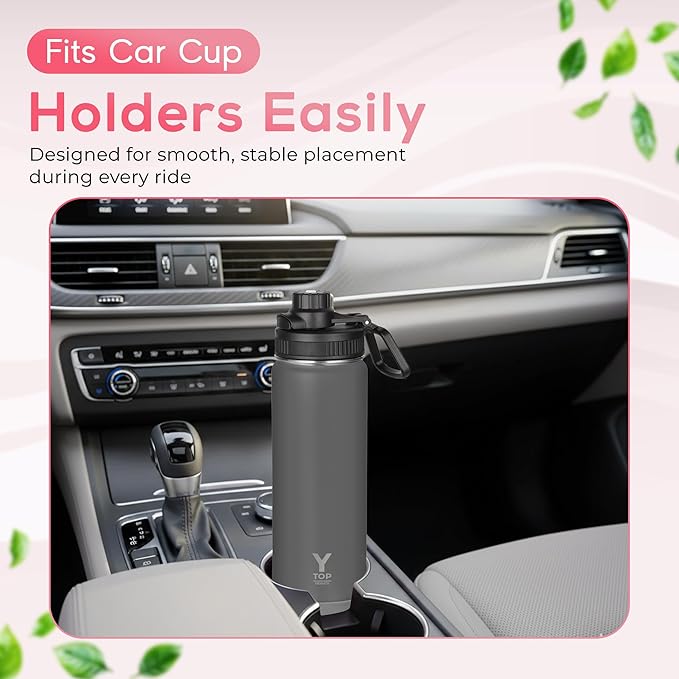 Y TOP 24oz Insulated Water Bottle Cup Holder Friendly, Leak Proof Spout Lid, Double Wall Insulation, Dishwasher Safe, Easy Clean Stainless Steel Water Bottle for Gym Kids Sports Travel School Hiking