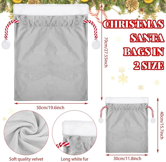 Shappy 2 Pieces Christmas Velvet Santa Bags with Drawstring in 2 Size Large Christmas Bags Santa Gift Sack for Xmas Playing Present Toy(Grey)