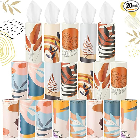 Maxcheck 20 Pack Boho Car Tissues Cylinder with 3 Ply Facial Tissues, Travel Round Napkin Holders, Bulk Round Napkin Boxes for Car Paper Box Holder Paper Container Tubes for Home Bathroom Office