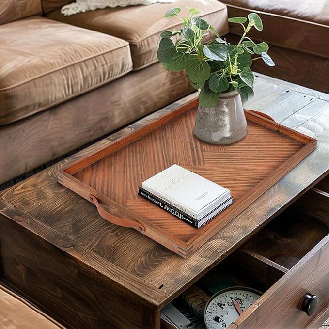 Large Ottoman Wooden Trays, Wood Serving Tray with Handles, Large Ottoman Tray, Wooden Serving Trays for Coffee Tables, Living Rooms and Kitchens, 24 x 16 inch