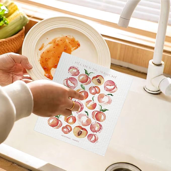 Swedish Dishcloths for Kitchen, Papaya Reusable Paper Towels Washable, Cucina Doliva Oranges Peach Lemon Swedish DishCloths for Friut, 4 Pack Dish Towels for Kitchen