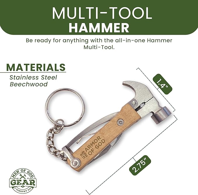 5-in-1 Hammer Keychain Multi-Tool - Laser-Engraved Armor of God, Eph 6:11 Scripture - Multitool Keychain Pliers with Opener, Nail Pry & More - Christian Pocket Tools For Men