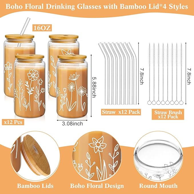 Mumufy Gift for Women Cute Glass Cup Tumbler Flower Iced Coffee Mugs 16 oz Glass with Bamboo Lid & Straw, Mothers Day Birthday Gift for Mom Sister Bridesmaid Baby Shower(12 Pack,Boho Floral)