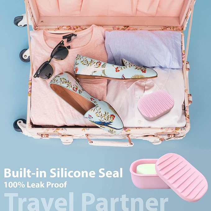 Leakproof Silicone Travel Soap Case with Drainage Layer, Silicone Bar Soap Holder Compact Portable Shatterproof Soap Container Box for Bathroom Gym Camp Travel Toiletries (Pink, Drainage Lid)