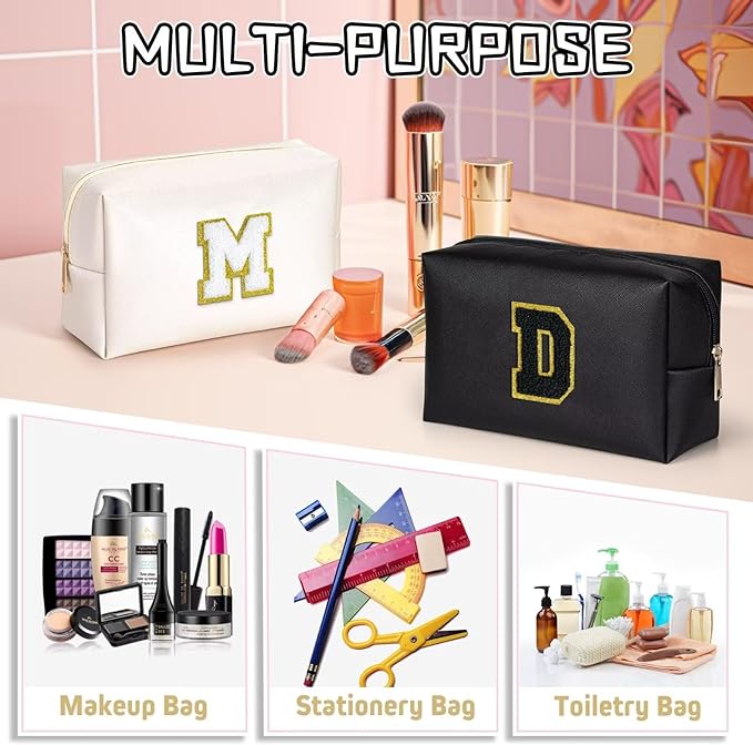 TOPEAST Preppy Makeup Bag, Small Cosmetic Travel Bags for Women, PU Leather Waterproof Toiletry Bag with Zipper, Personalized Birthday Gift for Women Girl, Preppy Gifts for Girl (Black Z)