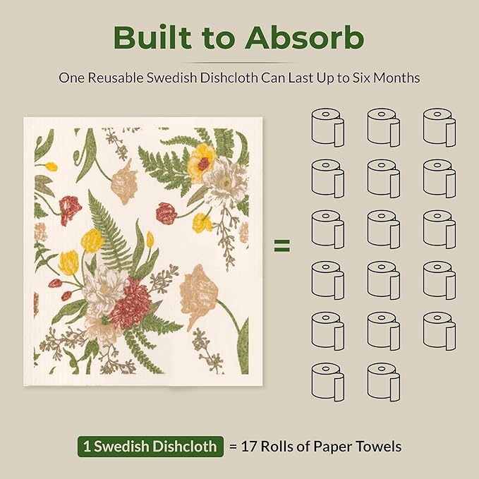 MosJos Swedish Dishcloths, Vintage Plant-Based Cellulose, 6.7x7.5 Inch, Super Absorbent, Multi-Surface, Machine Washable, Reusable, 5 Pack (Green)