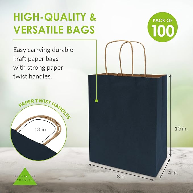 Prime Line Packaging Paper Gift Bags, Navy Blue Gift Bags, Small with Handles, Shopping Bags for Business, Goodies, Party Favor, Welcome, Graduation, Bulk, 8x4x10, 50 Pack