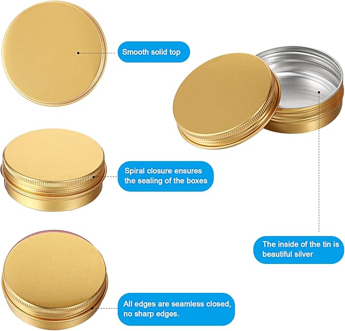 Patelai 72 Pcs 2 oz Aluminum Tins Salve Containers with Screw Lid and Labels Round Cans Travel Cosmetic Metal Tins Jar for Candles Lotion Bars Balms Food Spice Candies DIY Crafts(Gold)