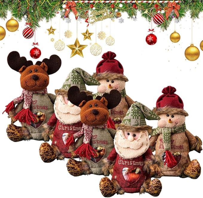 6pcs Christmas Gift Bags Zipper Design, Reusable Flax Fabric Christmas Bags For Candy, Apples (Set)