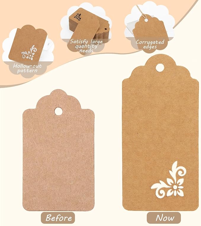 SallyFashion 100 PCS Gift Tags, 2x4 inch Kraft Paper Hollow-Out Tags with Strings for Wedding Bridal Party Favors Baby Shower