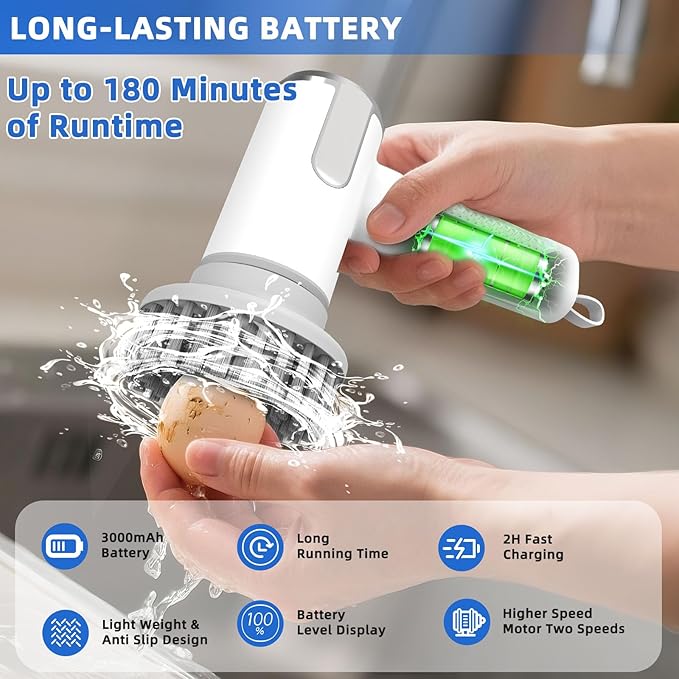 Electric Egg Cleaner Brush – Egg Washer for Fresh Eggs & Vegetable Brush with Battery Level Display,2 Speed Settings,3 Replaceable Heads,IPX7 Waterproof,Ideal for Tough-Skinned Vegetables