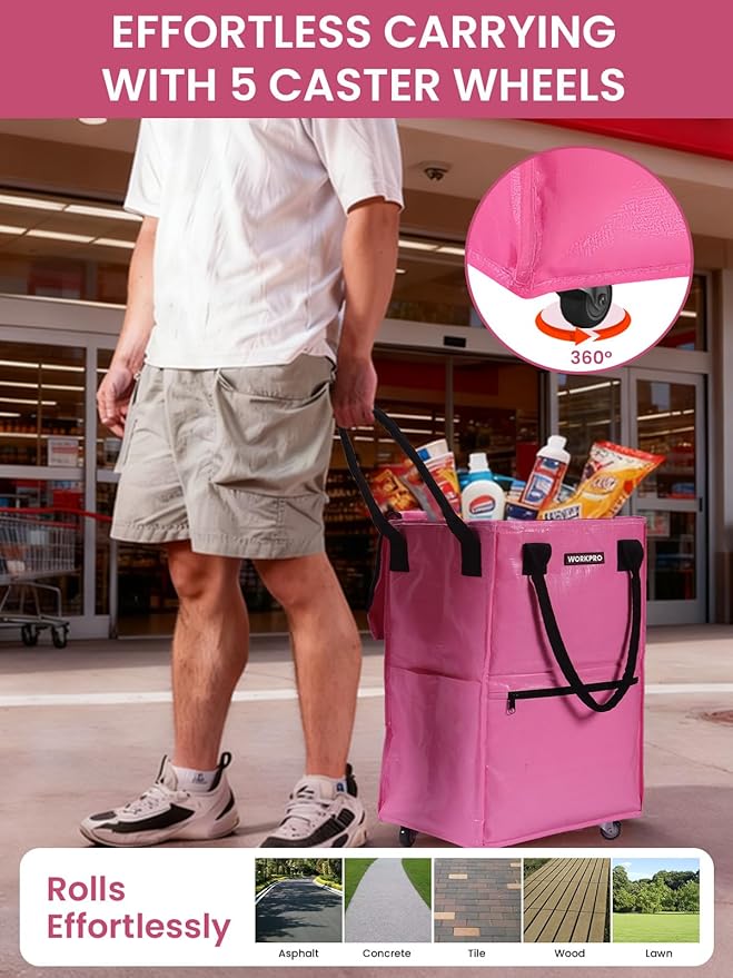 WORKPRO Large Reusable Grocery Bag on Wheels, Heavy Duty Rolling Shopping Tote with Handle, Folding Trolley on 5 Caster Wheels for Groceries, Laundry, Camping, Moving