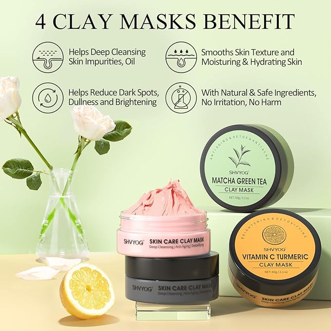SHVYOG 4 Pcs Clay Facial Mask Set - Turmeric, Vitamin C, Green Tea, Dead Sea Mud, and Rose Clay Skin Care Mask for Deep Cleansing, Moisturizing, and Refining Pores - 240g