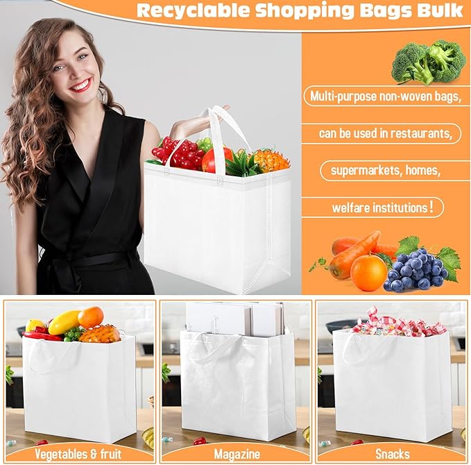 Windyun Reusable Grocery Bags Large Non Woven Shopping Bags with Handles Foldable Portable Tote Bulk, 12.6 x 11.8 x 6.3 Inch