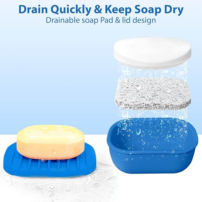 Leakproof Silicone Travel Soap Case with Drainage Layer, Silicone Bar Soap Holder Compact Portable Shatterproof Soap Container Box for Bathroom Gym Camp Travel Toiletries (KleinBlue, Drainage Lid)