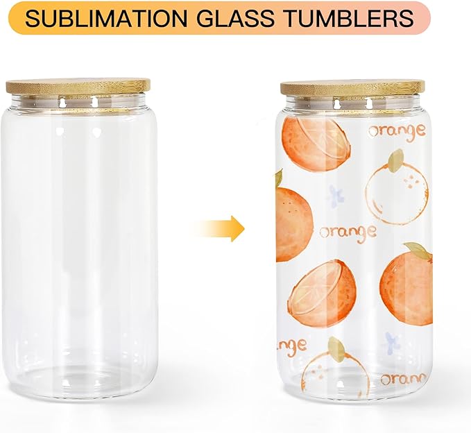 AGH 16OZ Sublimation Glass Cups with Bamboo Lids and Straws,12 Pack Drinking Glasses with lids,Clear Can Shape Beer Cup for Iced Coffee, Whiskey, Soda, Milk Juice